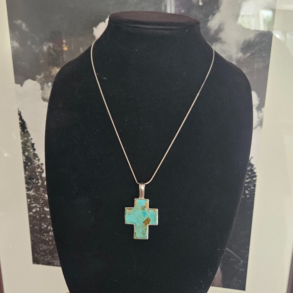 Turquoise Cross Pendant Necklace with Silver Chain